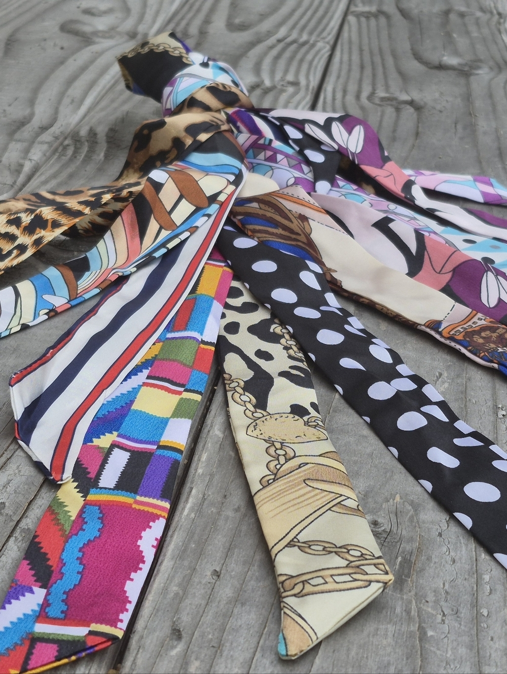Bundle Of 9 Satin Multi-Pattern Skinny Scarfs Bag Ties - Assorted Styles - Picture 3 of 7